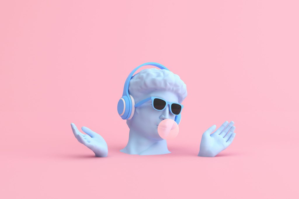 Minimal scene of sunglasses and headphone on human head sculpture, Music concept, 3d rendering.