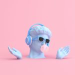 Minimal scene of sunglasses and headphone on human head sculpture, Music concept, 3d rendering.