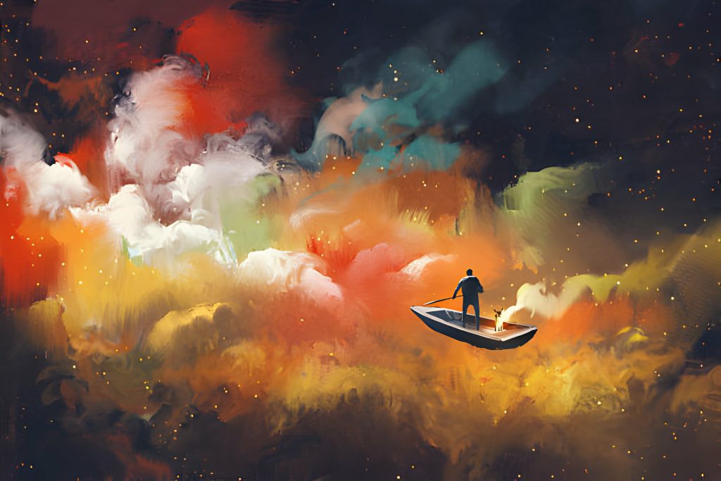 Automatism, surrealist painting of a boat in the dazzling colorful sky 